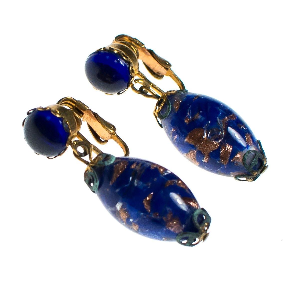 Vintage Blue and Gold Venetian Wedding Cake Bead Earrings by 1950s - Vintage Meet Modern Vintage Jewelry - Chicago, Illinois - #oldhollywoodglamour #vintagemeetmodern #designervintage #jewelrybox #antiquejewelry #vintagejewelry