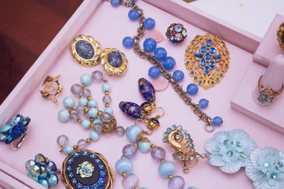Vintage Blue and Gold Venetian Wedding Cake Bead Earrings by 1950s - Vintage Meet Modern Vintage Jewelry - Chicago, Illinois - #oldhollywoodglamour #vintagemeetmodern #designervintage #jewelrybox #antiquejewelry #vintagejewelry