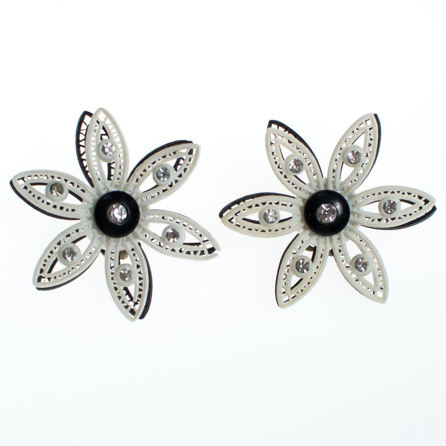 Vintage West Germany Black and White Lucite Lace Flower Earrings with Rhinestones by West Germany - Vintage Meet Modern Vintage Jewelry - Chicago, Illinois - #oldhollywoodglamour #vintagemeetmodern #designervintage #jewelrybox #antiquejewelry #vintagejewelry