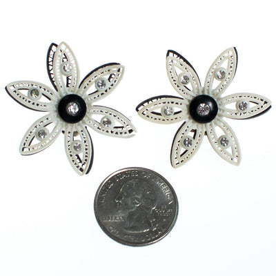 Vintage West Germany Black and White Lucite Lace Flower Earrings with Rhinestones by West Germany - Vintage Meet Modern Vintage Jewelry - Chicago, Illinois - #oldhollywoodglamour #vintagemeetmodern #designervintage #jewelrybox #antiquejewelry #vintagejewelry
