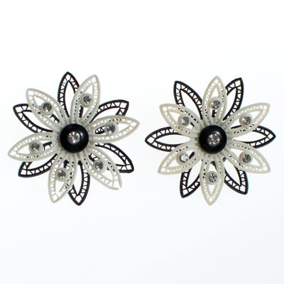 Vintage West Germany Black and White Lucite Lace Flower Earrings with Rhinestones by West Germany - Vintage Meet Modern Vintage Jewelry - Chicago, Illinois - #oldhollywoodglamour #vintagemeetmodern #designervintage #jewelrybox #antiquejewelry #vintagejewelry