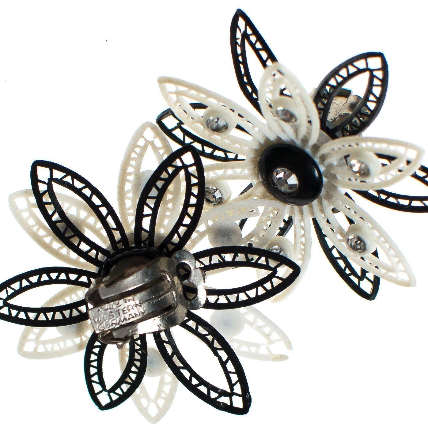 Vintage West Germany Black and White Lucite Lace Flower Earrings with Rhinestones by West Germany - Vintage Meet Modern Vintage Jewelry - Chicago, Illinois - #oldhollywoodglamour #vintagemeetmodern #designervintage #jewelrybox #antiquejewelry #vintagejewelry