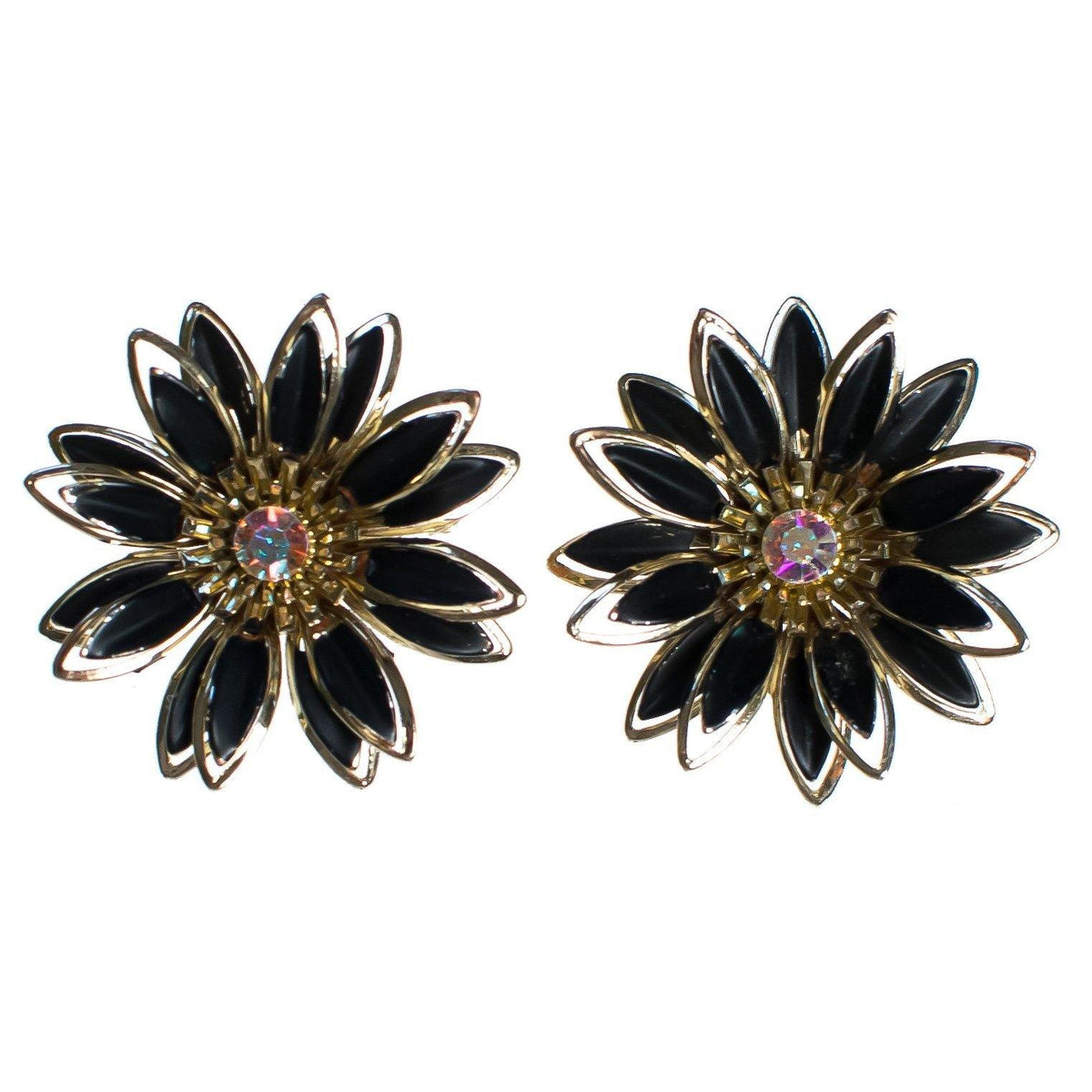 Vintage Black Daisy and Gold Daisy with Aurora Borealis Crystal Statement Earrings