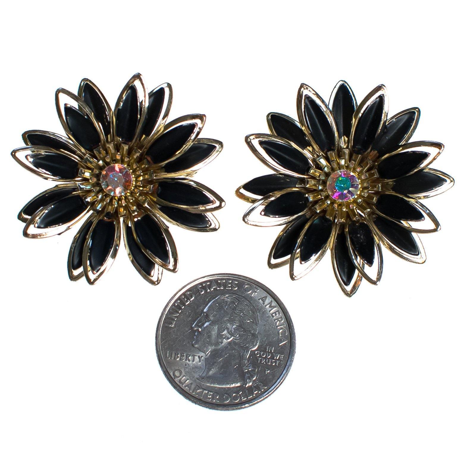 Vintage Black Daisy and Gold Daisy with Aurora Borealis Crystal Statement Earrings by Mid Century Modern - Vintage Meet Modern Vintage Jewelry - Chicago, Illinois - #oldhollywoodglamour #vintagemeetmodern #designervintage #jewelrybox #antiquejewelry #vintagejewelry