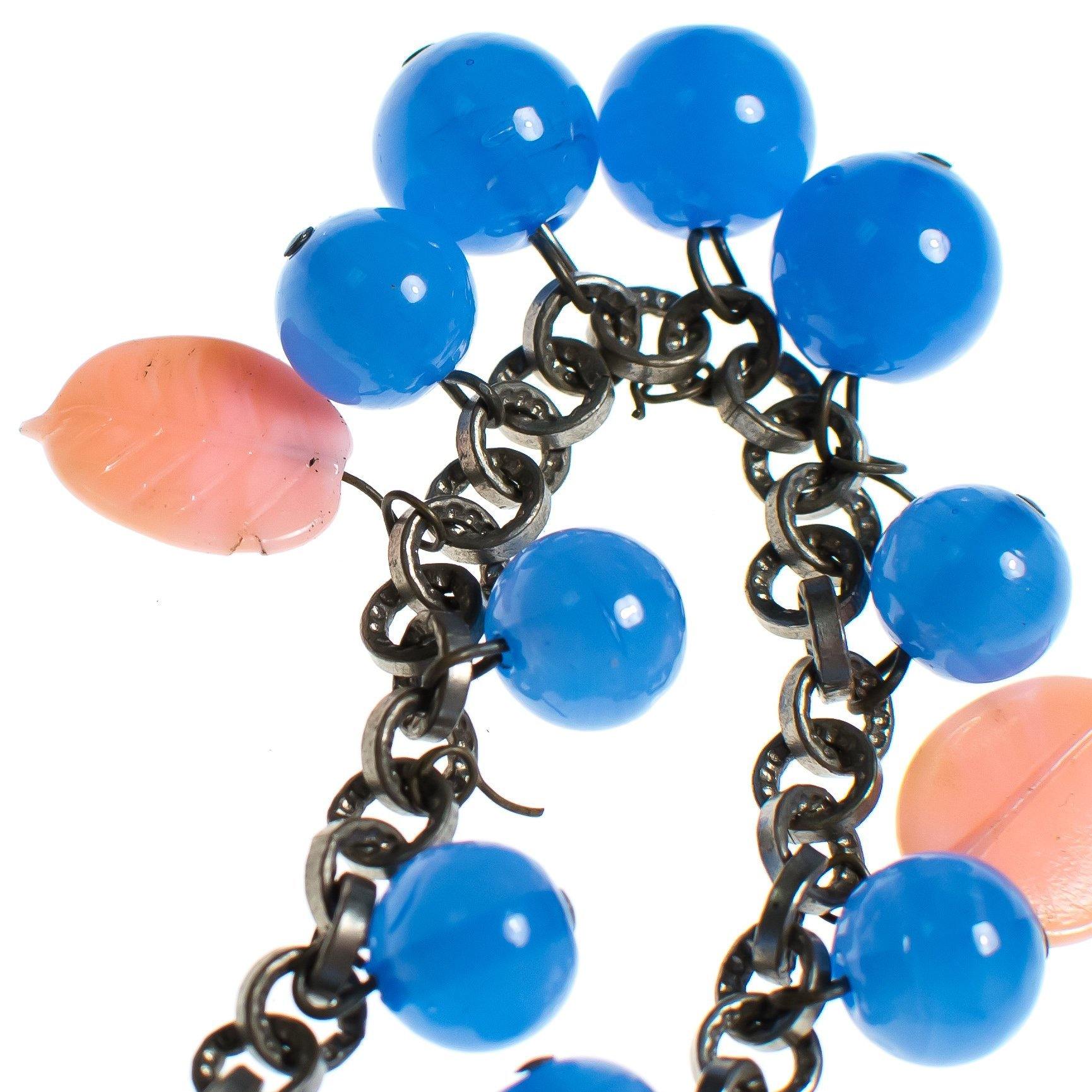 Vintage 1940s Made in Germany Blue Marble Glass Bracelet with Pink Leaves by Germany - Vintage Meet Modern Vintage Jewelry - Chicago, Illinois - #oldhollywoodglamour #vintagemeetmodern #designervintage #jewelrybox #antiquejewelry #vintagejewelry