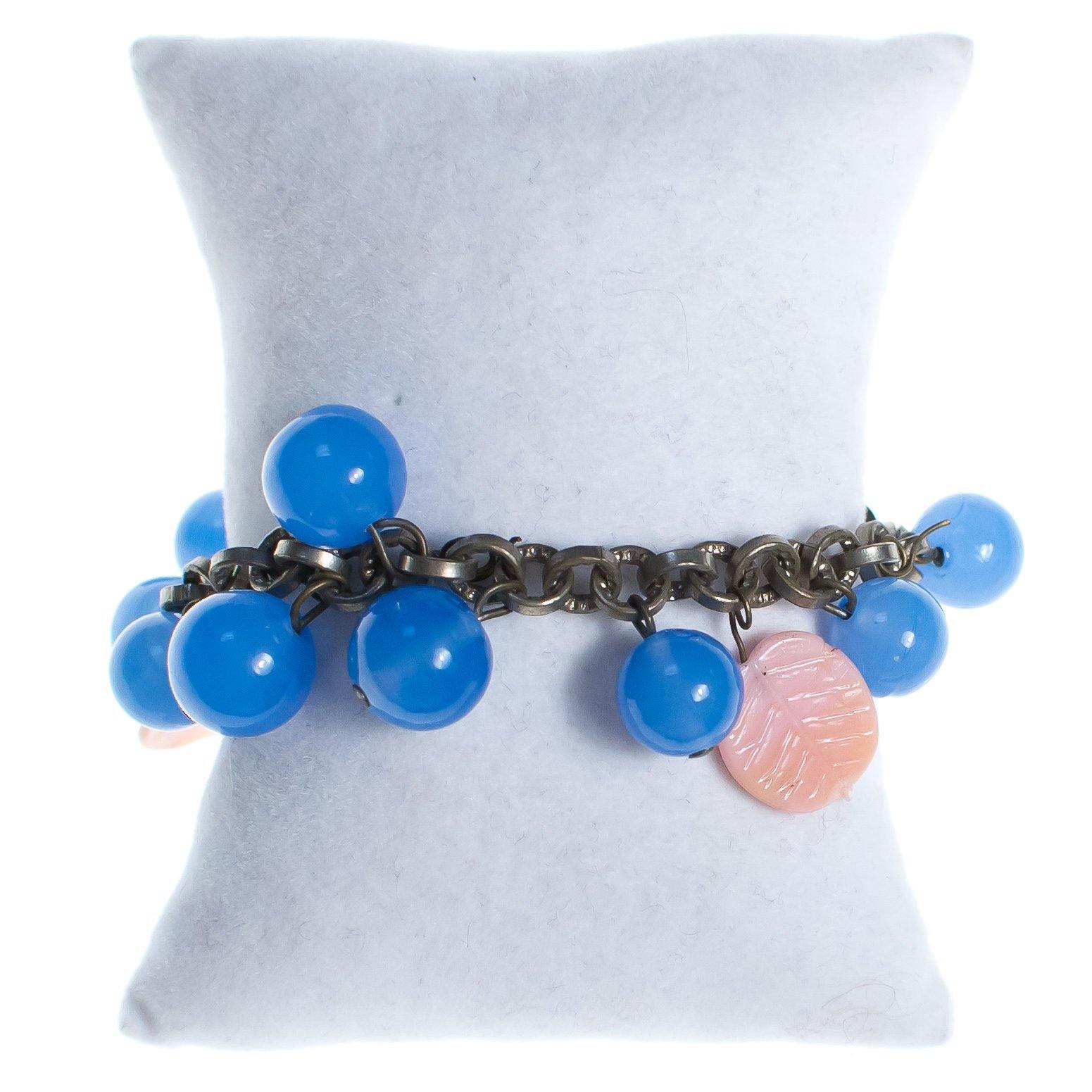 Vintage 1940s Made in Germany Blue Marble Glass Bracelet with Pink Leaves by Germany - Vintage Meet Modern Vintage Jewelry - Chicago, Illinois - #oldhollywoodglamour #vintagemeetmodern #designervintage #jewelrybox #antiquejewelry #vintagejewelry