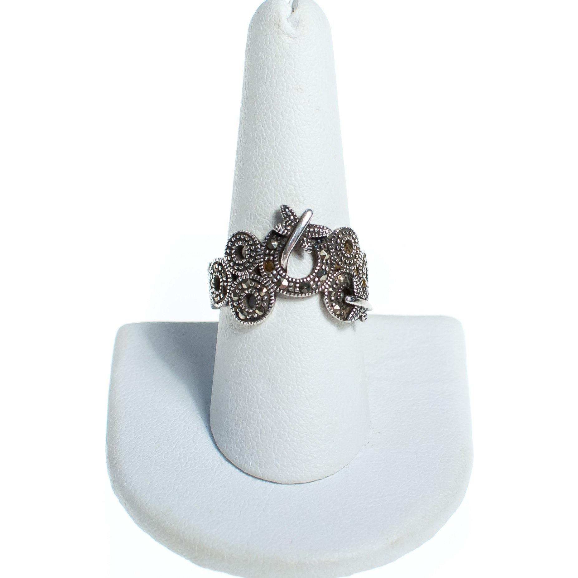 Vintage Sterling Silver Marcasite Band Ring with Circles, Loops, and Dragonfly by Sterling Silver - Vintage Meet Modern Vintage Jewelry - Chicago, Illinois - #oldhollywoodglamour #vintagemeetmodern #designervintage #jewelrybox #antiquejewelry #vintagejewelry
