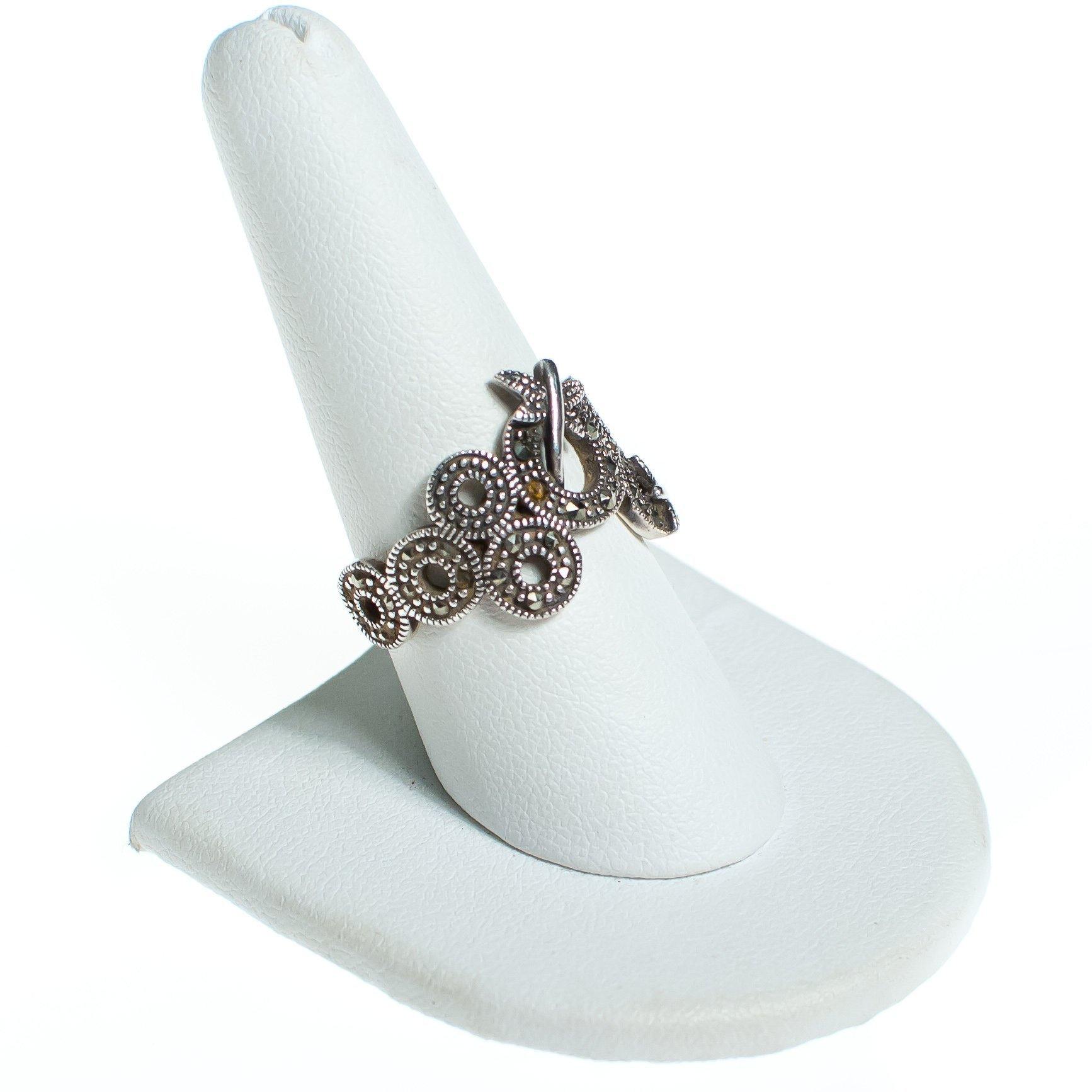 Vintage Sterling Silver Marcasite Band Ring with Circles, Loops, and Dragonfly by Sterling Silver - Vintage Meet Modern Vintage Jewelry - Chicago, Illinois - #oldhollywoodglamour #vintagemeetmodern #designervintage #jewelrybox #antiquejewelry #vintagejewelry