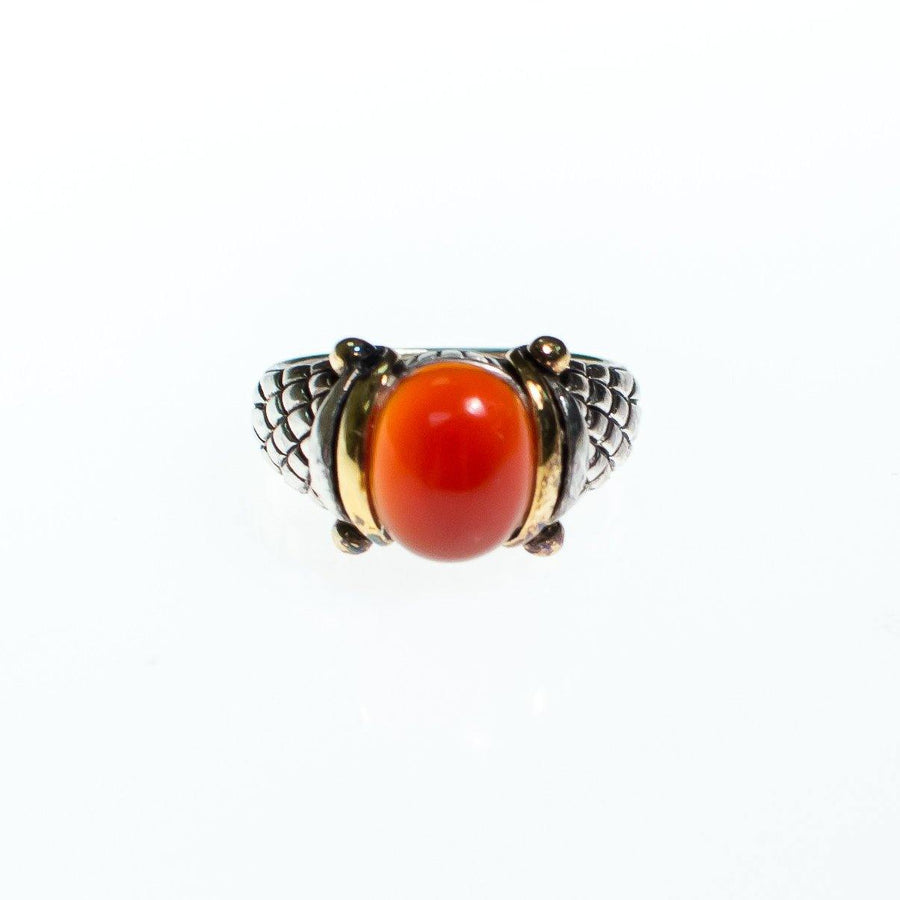 Vintage Domed Carnelian Cabochon Ring Set in Sterling Silver with 18kt gold accents by Sterling Silver - Vintage Meet Modern Vintage Jewelry - Chicago, Illinois - #oldhollywoodglamour #vintagemeetmodern #designervintage #jewelrybox #antiquejewelry #vintagejewelry