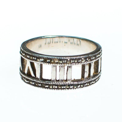 Vintage Sterling Silver Roman Numeral Ring with Marcasite, Silver Tone, Ring Size 8.5 by Sterling Silver - Vintage Meet Modern Vintage Jewelry - Chicago, Illinois - #oldhollywoodglamour #vintagemeetmodern #designervintage #jewelrybox #antiquejewelry #vintagejewelry