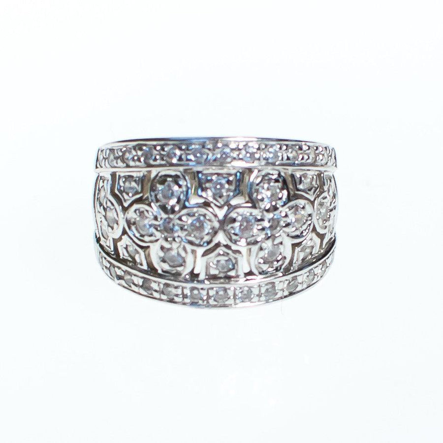 Vintage Diamonique Statement Wide Band Sterling Silver Ring with Clovers by Sterling Silver - Vintage Meet Modern Vintage Jewelry - Chicago, Illinois - #oldhollywoodglamour #vintagemeetmodern #designervintage #jewelrybox #antiquejewelry #vintagejewelry