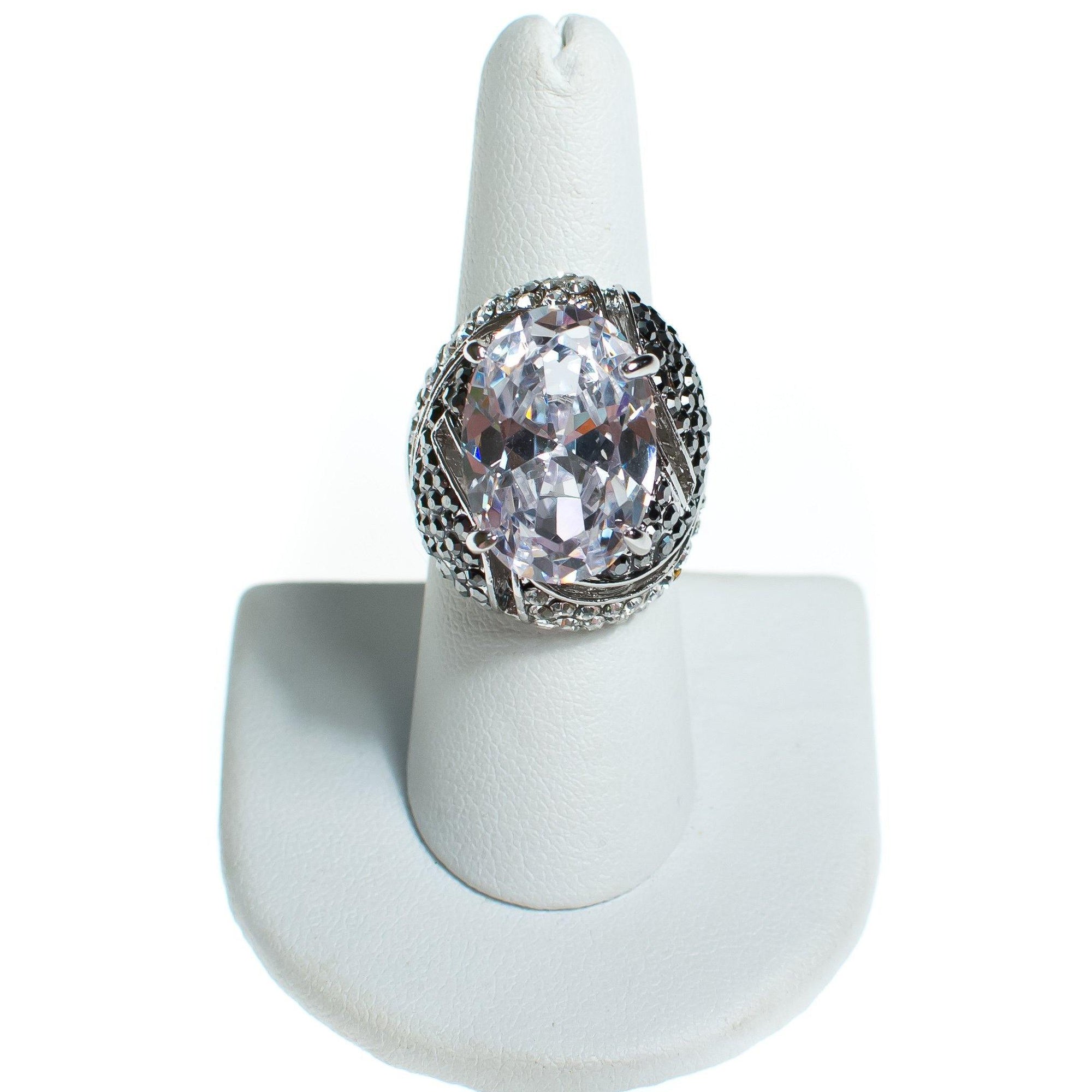Vintage Huge Oval CZ and Pave Crystal Cocktail Statement Ring set in Silver Tone by 1990s - Vintage Meet Modern Vintage Jewelry - Chicago, Illinois - #oldhollywoodglamour #vintagemeetmodern #designervintage #jewelrybox #antiquejewelry #vintagejewelry