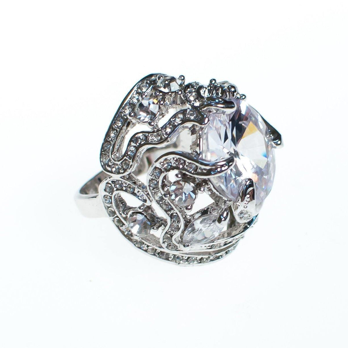 Vintage Huge Chunky Caged Crystal CZ Statement Ring set in Silver Tone