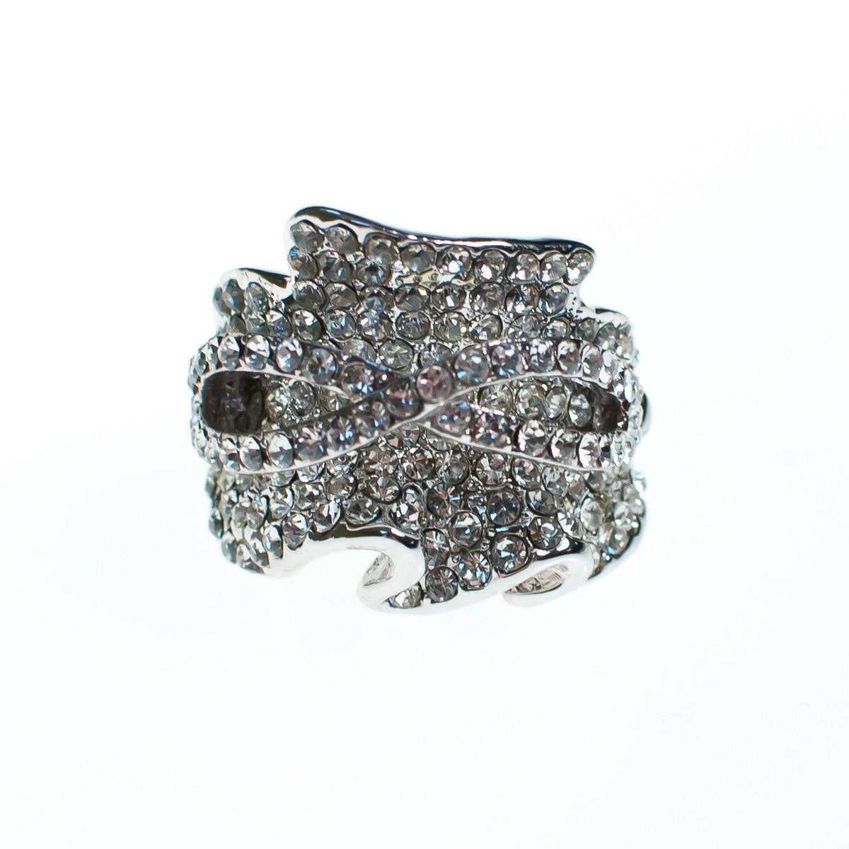 Vintage Huge Chunky Pave CZ Wave Statement Ring in Silver Tone