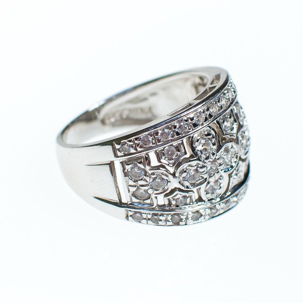 Vintage Diamonique Statement Wide Band Sterling Silver Ring with Clovers by Sterling Silver - Vintage Meet Modern Vintage Jewelry - Chicago, Illinois - #oldhollywoodglamour #vintagemeetmodern #designervintage #jewelrybox #antiquejewelry #vintagejewelry