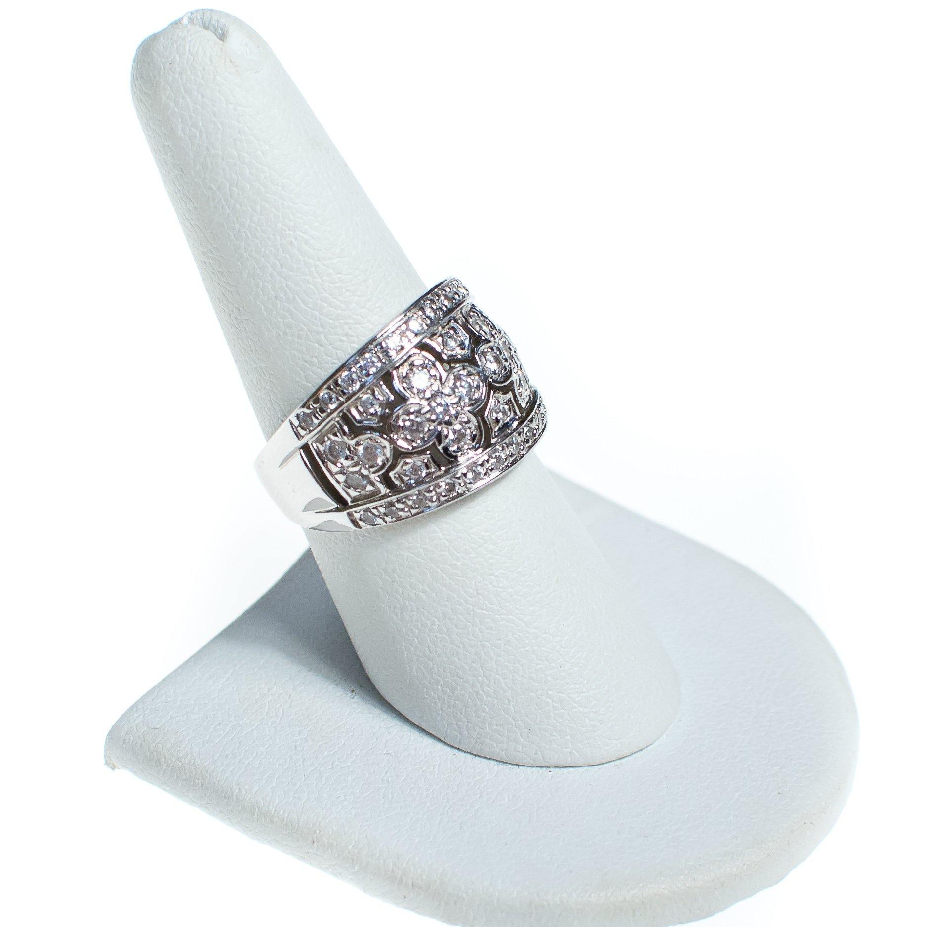 Vintage Diamonique Statement Wide Band Sterling Silver Ring with Clovers by Sterling Silver - Vintage Meet Modern Vintage Jewelry - Chicago, Illinois - #oldhollywoodglamour #vintagemeetmodern #designervintage #jewelrybox #antiquejewelry #vintagejewelry