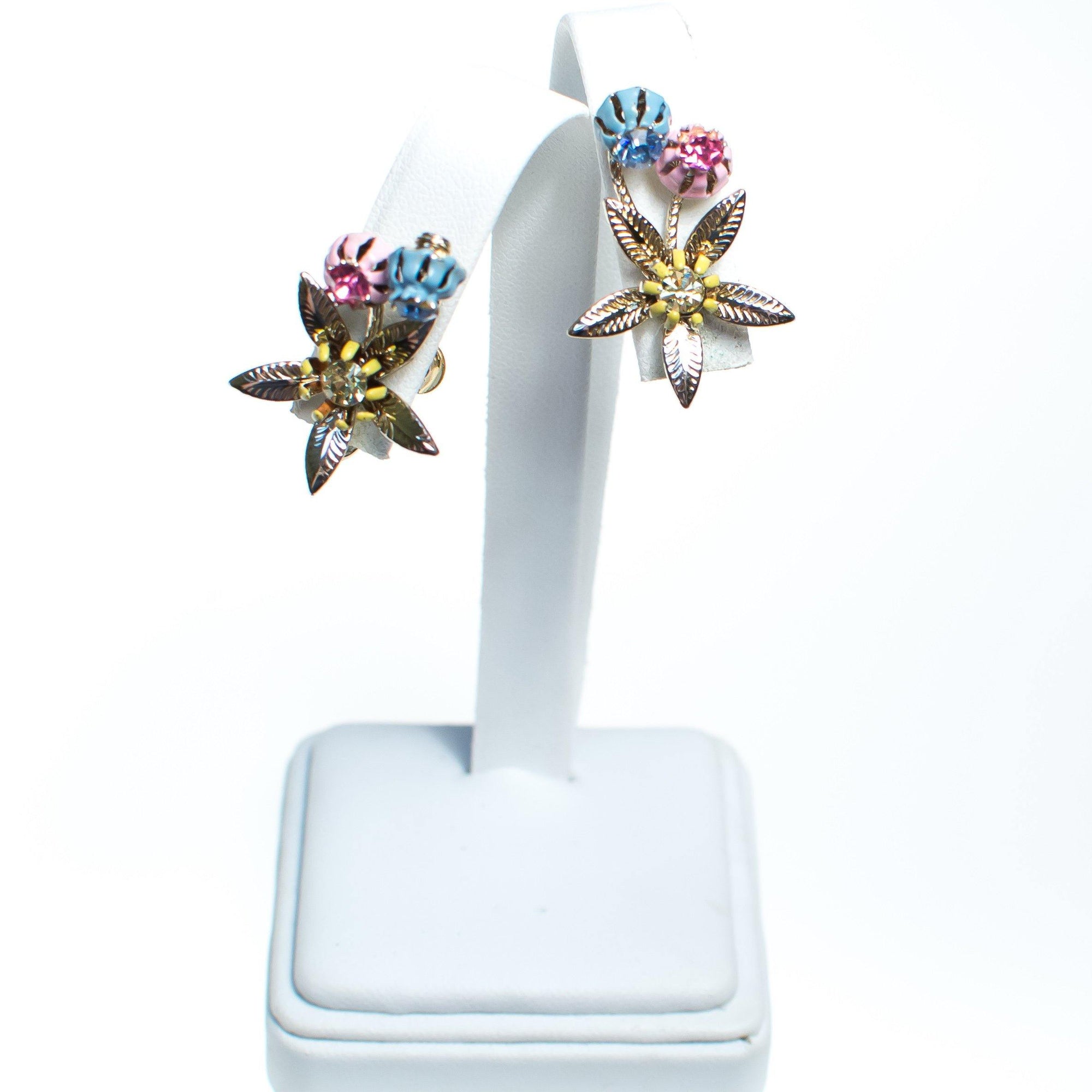 Vintage Pink Blue and Gold Flower Earrings by 1950s - Vintage Meet Modern Vintage Jewelry - Chicago, Illinois - #oldhollywoodglamour #vintagemeetmodern #designervintage #jewelrybox #antiquejewelry #vintagejewelry