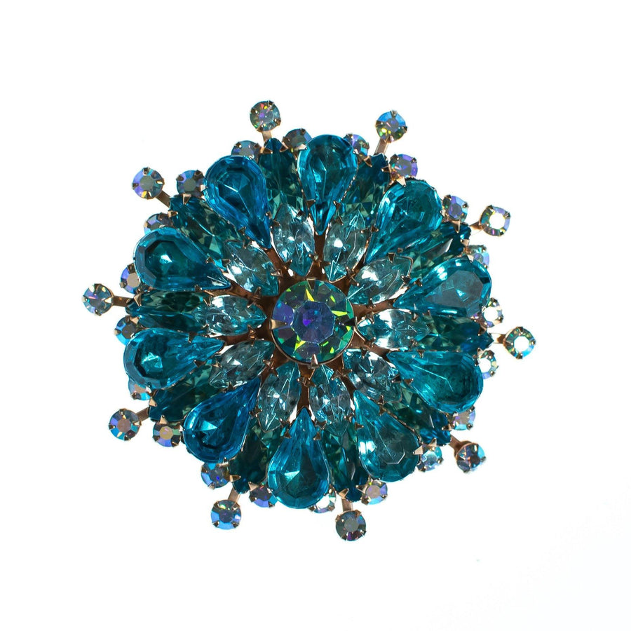 Vintage Aqua Blue Medallion Rhinestone Brooch by 1950s - Vintage Meet Modern Vintage Jewelry - Chicago, Illinois - #oldhollywoodglamour #vintagemeetmodern #designervintage #jewelrybox #antiquejewelry #vintagejewelry