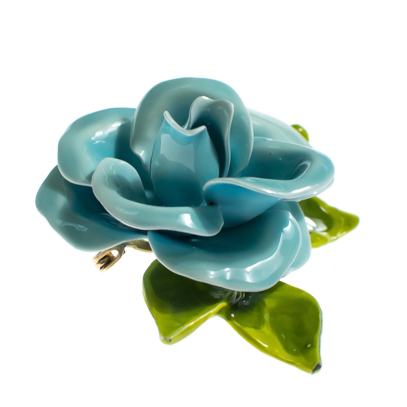 Vintage Blue Flower Enamel Brooch, Green Porcelain Leaves, Brooches and Pins by 1950s - Vintage Meet Modern Vintage Jewelry - Chicago, Illinois - #oldhollywoodglamour #vintagemeetmodern #designervintage #jewelrybox #antiquejewelry #vintagejewelry