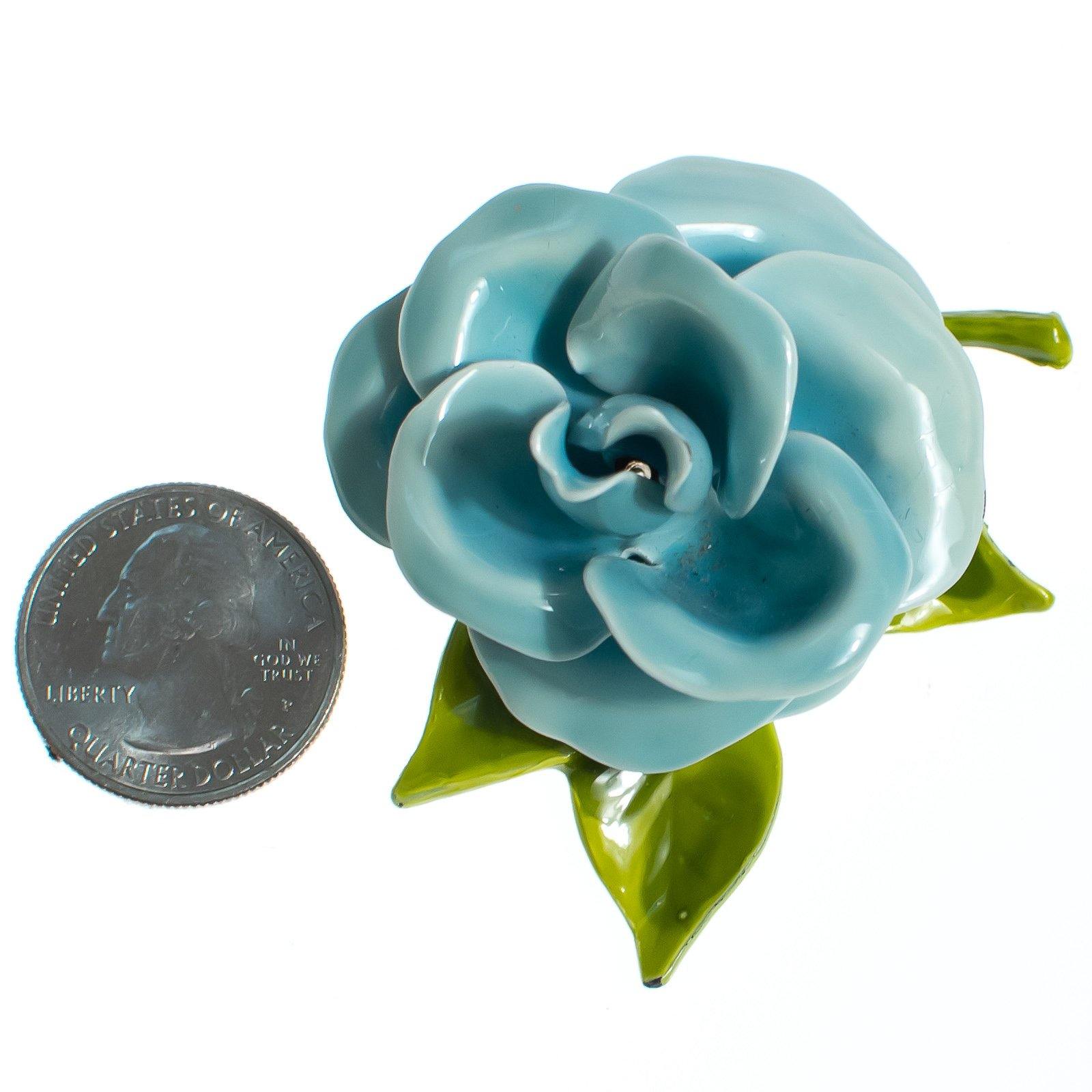 Vintage Blue Flower Enamel Brooch, Green Porcelain Leaves, Brooches and Pins by 1950s - Vintage Meet Modern Vintage Jewelry - Chicago, Illinois - #oldhollywoodglamour #vintagemeetmodern #designervintage #jewelrybox #antiquejewelry #vintagejewelry