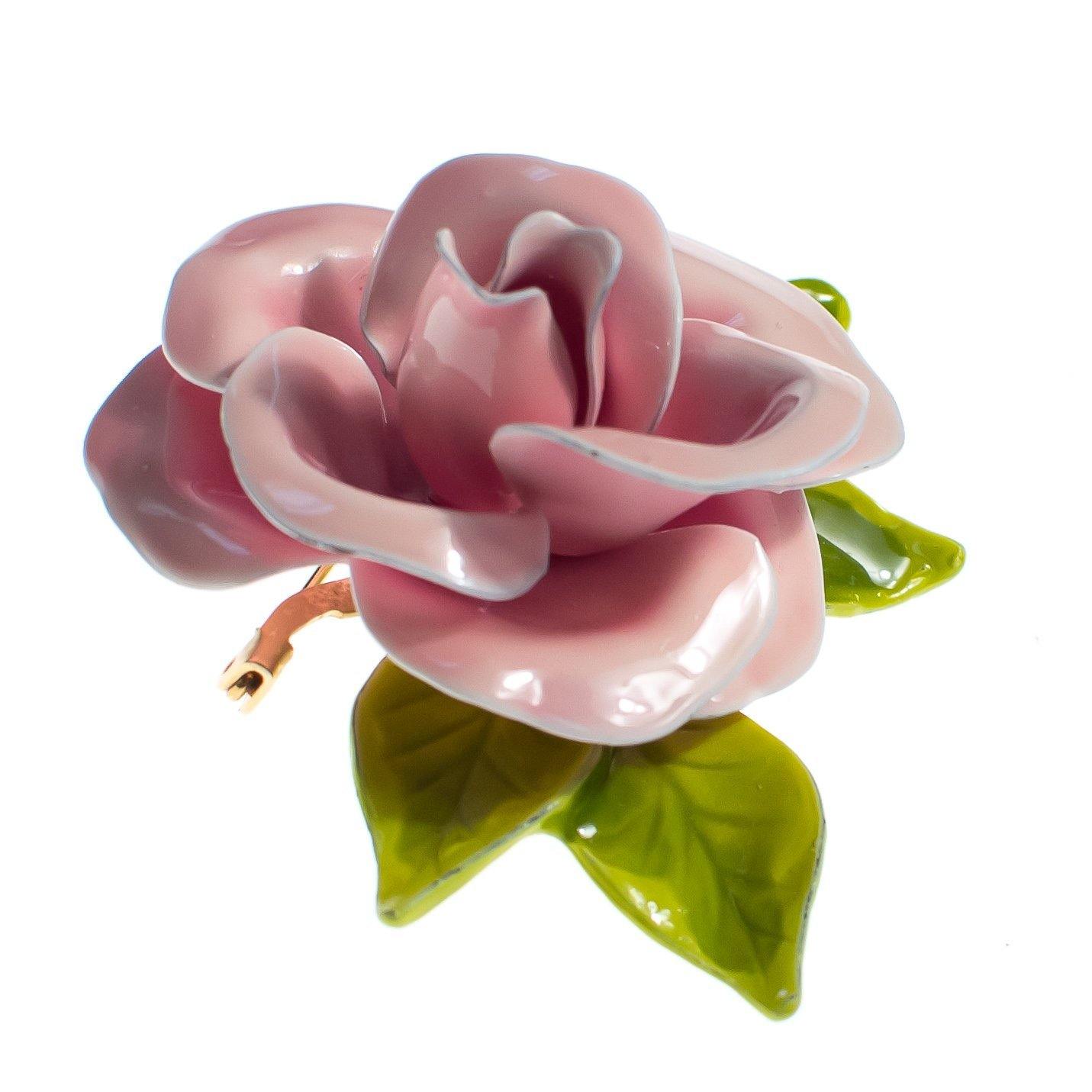 Vintage Pink Enamel Flower Brooch, Green Leaves, Brooches and Pins by 1950s - Vintage Meet Modern Vintage Jewelry - Chicago, Illinois - #oldhollywoodglamour #vintagemeetmodern #designervintage #jewelrybox #antiquejewelry #vintagejewelry