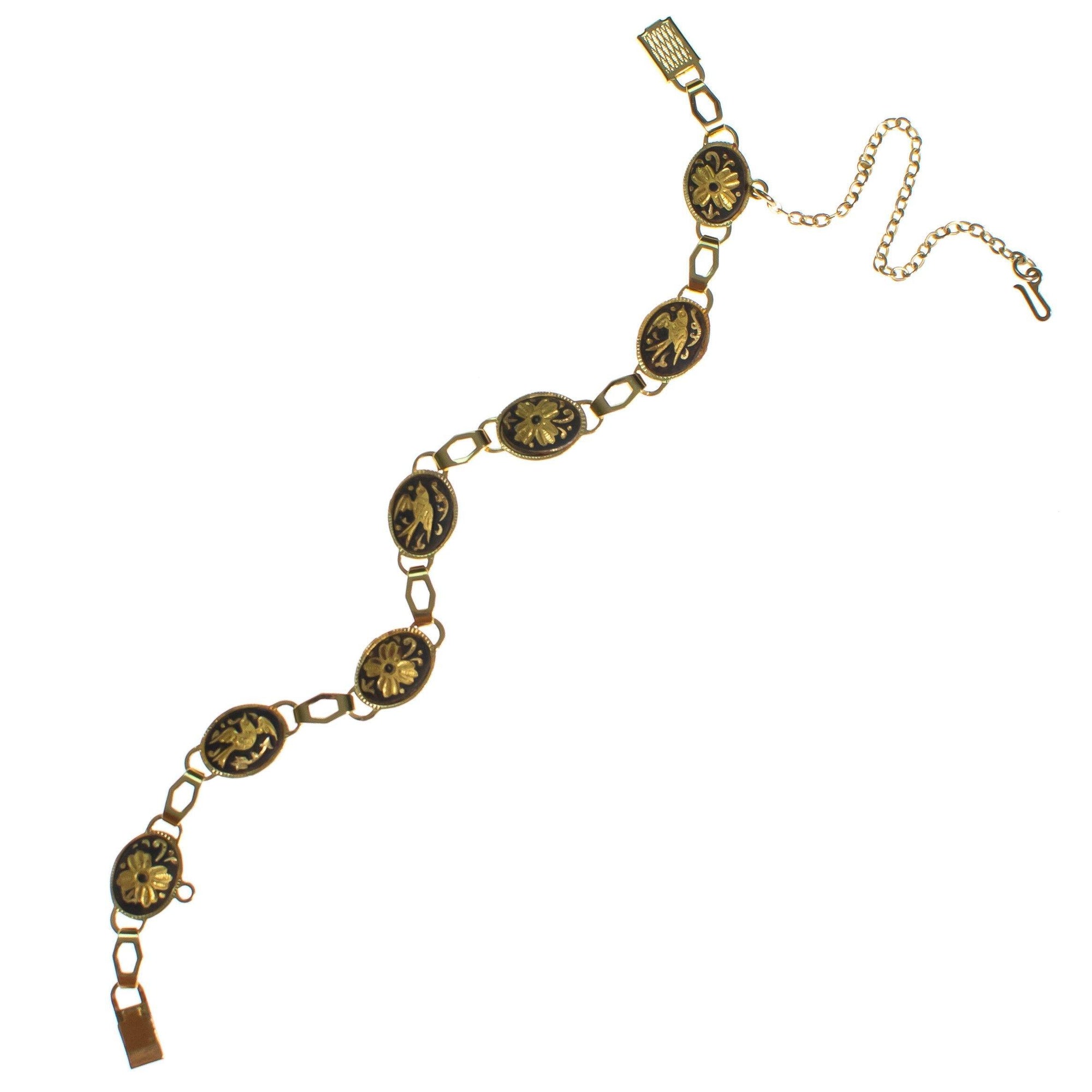 Vintage Spanish Damascene Bracelet Black with Gold Bird Design by Made in Spain - Vintage Meet Modern Vintage Jewelry - Chicago, Illinois - #oldhollywoodglamour #vintagemeetmodern #designervintage #jewelrybox #antiquejewelry #vintagejewelry