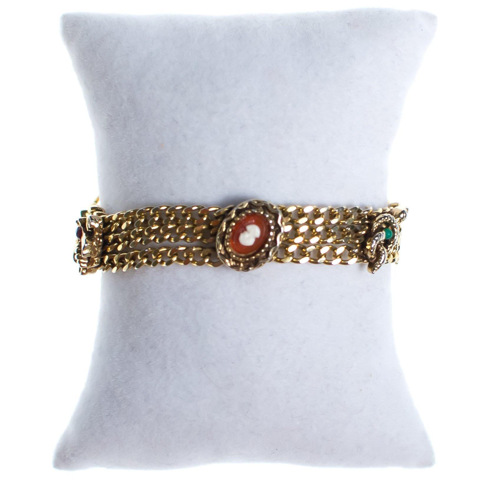 Vintage Goldette Bracelet with Faux Pearls, Red, Green, and Orange Gemstones, Gold Tone Setting, Snap Lock Clasp by Goldette - Vintage Meet Modern Vintage Jewelry - Chicago, Illinois - #oldhollywoodglamour #vintagemeetmodern #designervintage #jewelrybox #antiquejewelry #vintagejewelry