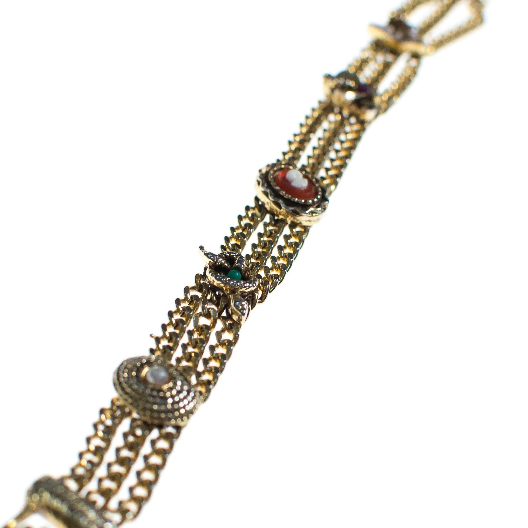 Vintage Goldette Bracelet with Faux Pearls, Red, Green, and Orange Gemstones, Gold Tone Setting, Snap Lock Clasp by Goldette - Vintage Meet Modern Vintage Jewelry - Chicago, Illinois - #oldhollywoodglamour #vintagemeetmodern #designervintage #jewelrybox #antiquejewelry #vintagejewelry