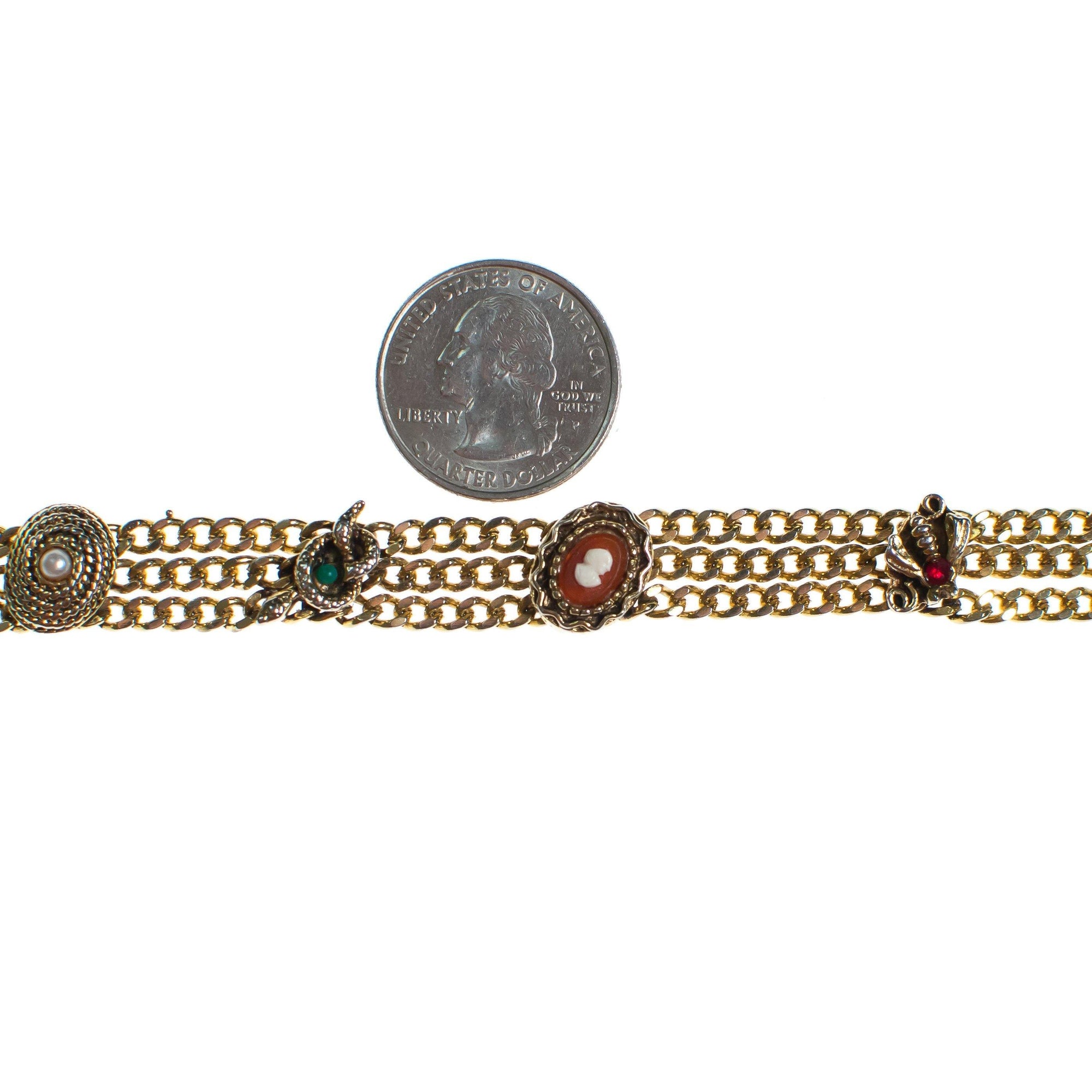 Vintage Goldette Bracelet with Faux Pearls, Red, Green, and Orange Gemstones, Gold Tone Setting, Snap Lock Clasp by Goldette - Vintage Meet Modern Vintage Jewelry - Chicago, Illinois - #oldhollywoodglamour #vintagemeetmodern #designervintage #jewelrybox #antiquejewelry #vintagejewelry