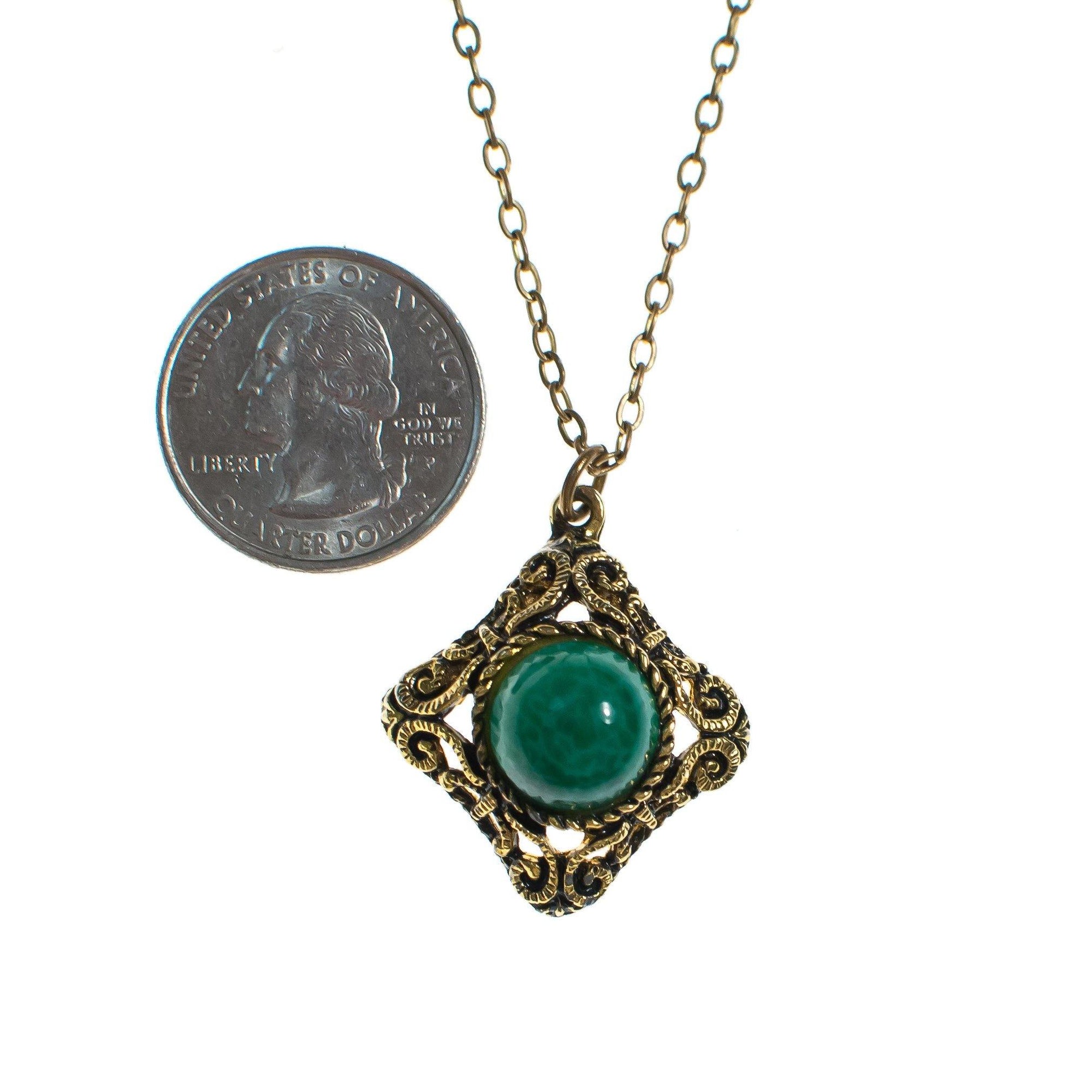 Vintage Speckled Jade Art Glass Renaissance Style Pendant Necklace by 1950s - Vintage Meet Modern Vintage Jewelry - Chicago, Illinois - #oldhollywoodglamour #vintagemeetmodern #designervintage #jewelrybox #antiquejewelry #vintagejewelry