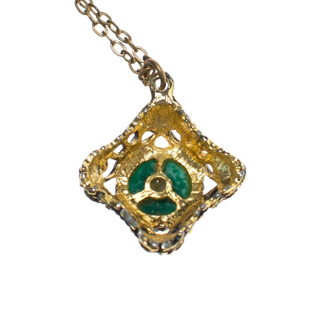 Vintage Speckled Jade Art Glass Renaissance Style Pendant Necklace by 1950s - Vintage Meet Modern Vintage Jewelry - Chicago, Illinois - #oldhollywoodglamour #vintagemeetmodern #designervintage #jewelrybox #antiquejewelry #vintagejewelry