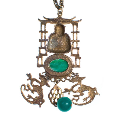 Vintage 1960s Gold Buddha and Jade Green Charm Statement Necklace by 1960s - Vintage Meet Modern Vintage Jewelry - Chicago, Illinois - #oldhollywoodglamour #vintagemeetmodern #designervintage #jewelrybox #antiquejewelry #vintagejewelry