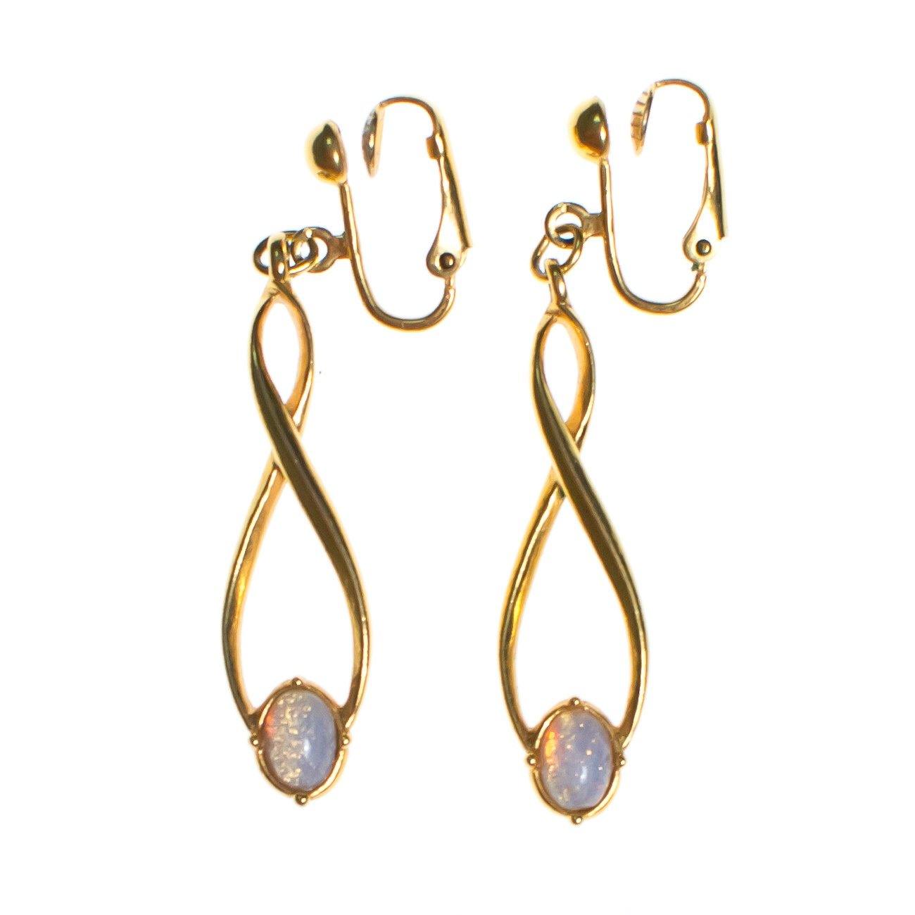 Vintage Modernist Gold Swirl Drop Earrings with Opaline Cabochon Beads by 1960s - Vintage Meet Modern Vintage Jewelry - Chicago, Illinois - #oldhollywoodglamour #vintagemeetmodern #designervintage #jewelrybox #antiquejewelry #vintagejewelry