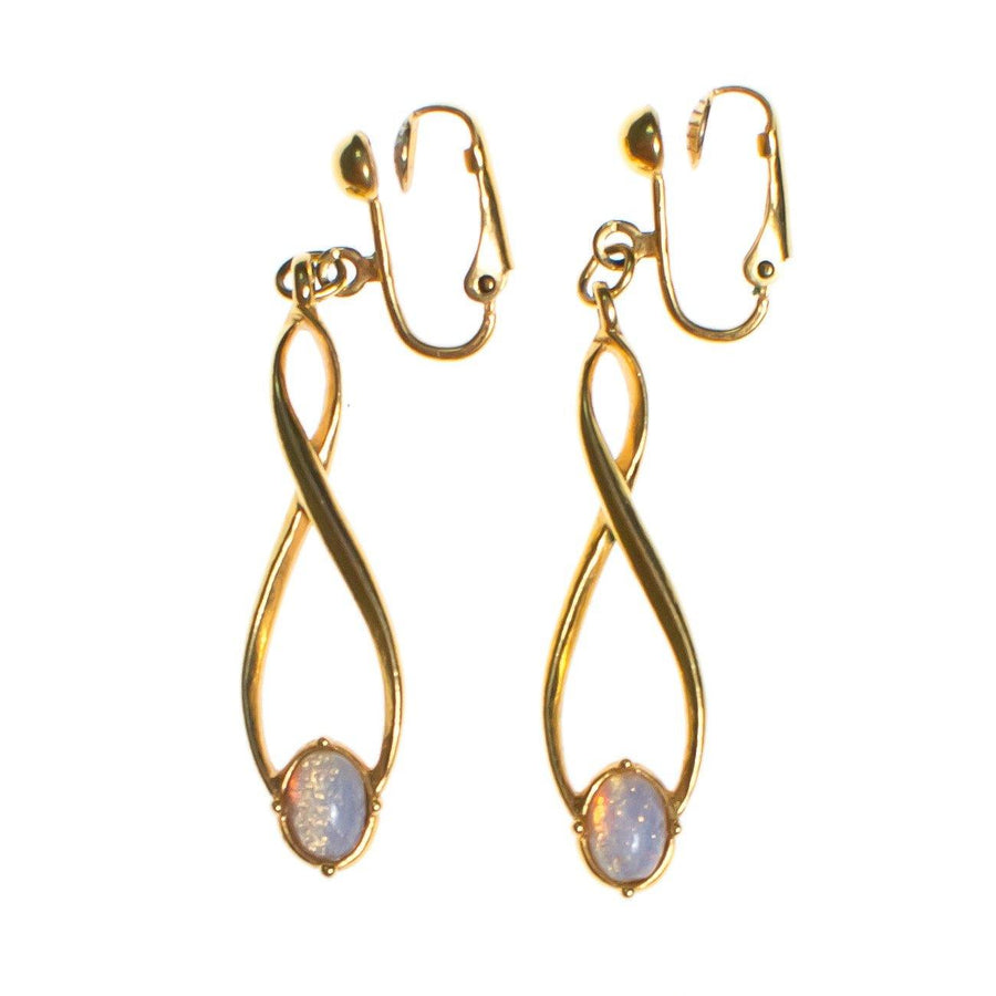 Vintage Modernist Gold Swirl Drop Earrings with Opaline Cabochon Beads by 1960s - Vintage Meet Modern Vintage Jewelry - Chicago, Illinois - #oldhollywoodglamour #vintagemeetmodern #designervintage #jewelrybox #antiquejewelry #vintagejewelry