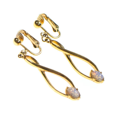 Vintage Modernist Gold Swirl Drop Earrings with Opaline Cabochon Beads by 1960s - Vintage Meet Modern Vintage Jewelry - Chicago, Illinois - #oldhollywoodglamour #vintagemeetmodern #designervintage #jewelrybox #antiquejewelry #vintagejewelry