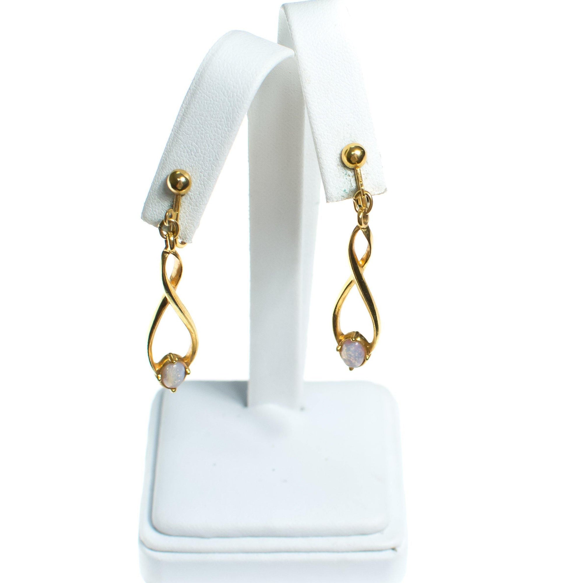 Vintage Modernist Gold Swirl Drop Earrings with Opaline Cabochon Beads by 1960s - Vintage Meet Modern Vintage Jewelry - Chicago, Illinois - #oldhollywoodglamour #vintagemeetmodern #designervintage #jewelrybox #antiquejewelry #vintagejewelry