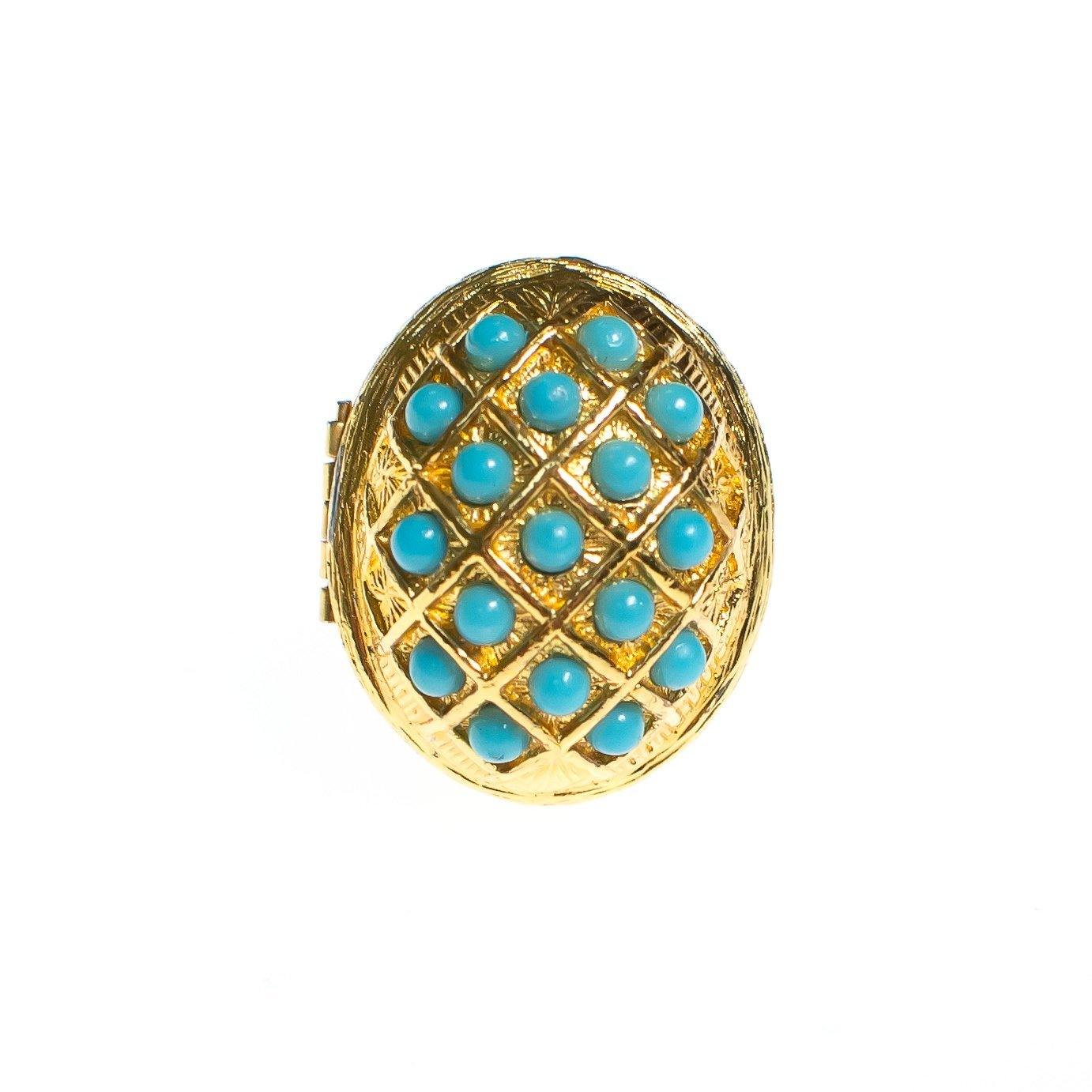 Vintage Turquoise Bead Gold Locket Statement Ring
