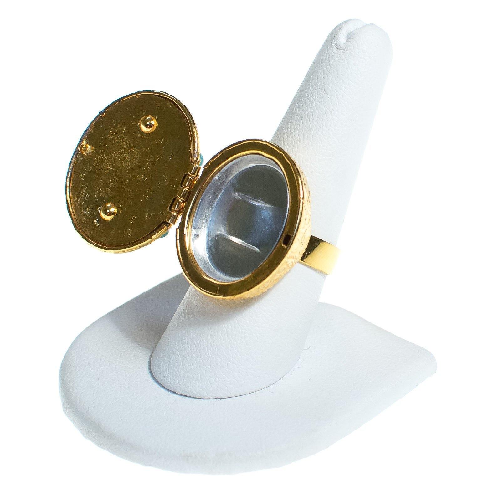 Vintage Turquoise Bead Gold Locket Statement Ring by 1960s - Vintage Meet Modern Vintage Jewelry - Chicago, Illinois - #oldhollywoodglamour #vintagemeetmodern #designervintage #jewelrybox #antiquejewelry #vintagejewelry