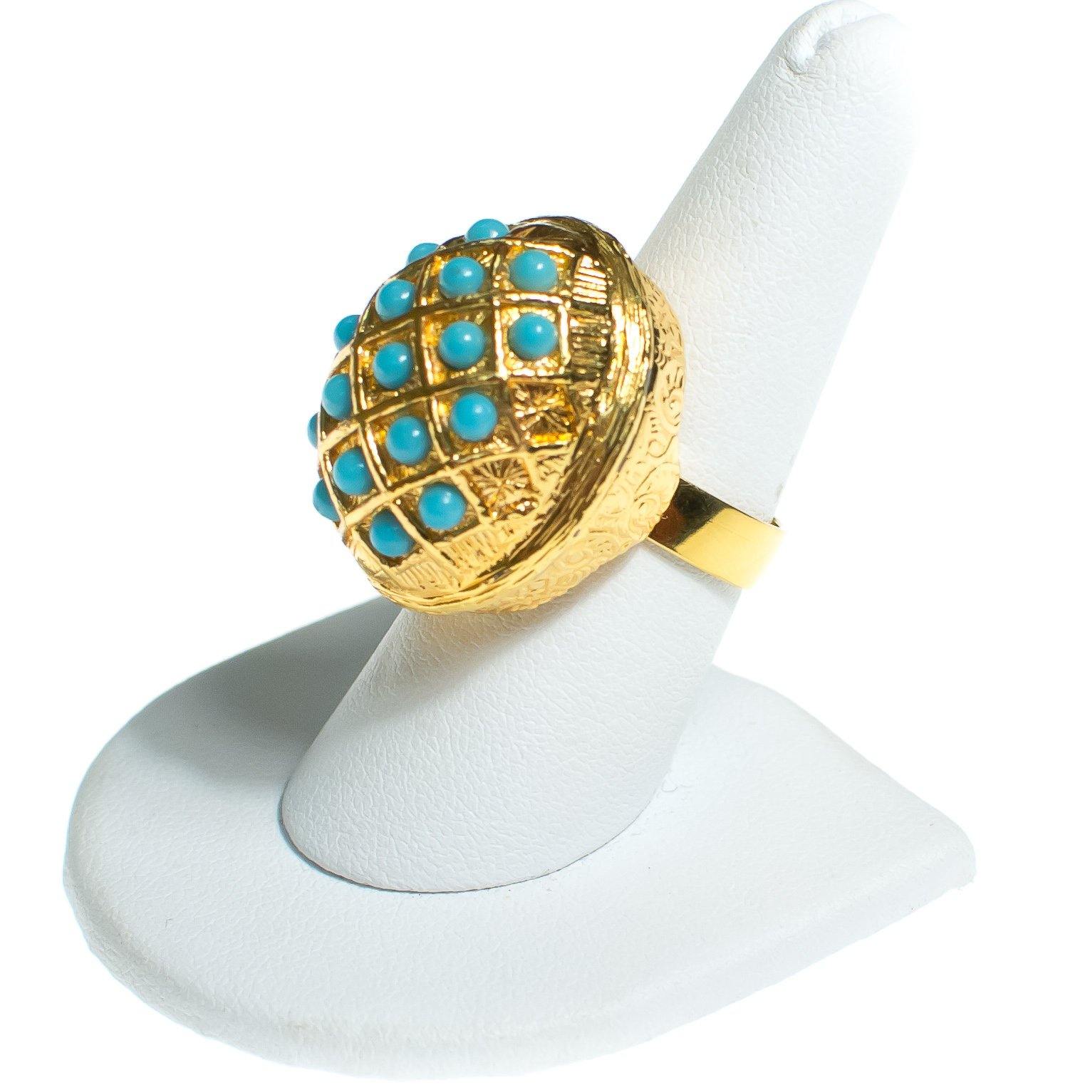 Vintage Turquoise Bead Gold Locket Statement Ring by 1960s - Vintage Meet Modern Vintage Jewelry - Chicago, Illinois - #oldhollywoodglamour #vintagemeetmodern #designervintage #jewelrybox #antiquejewelry #vintagejewelry
