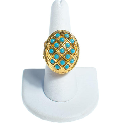 Vintage Turquoise Bead Gold Locket Statement Ring by 1960s - Vintage Meet Modern Vintage Jewelry - Chicago, Illinois - #oldhollywoodglamour #vintagemeetmodern #designervintage #jewelrybox #antiquejewelry #vintagejewelry