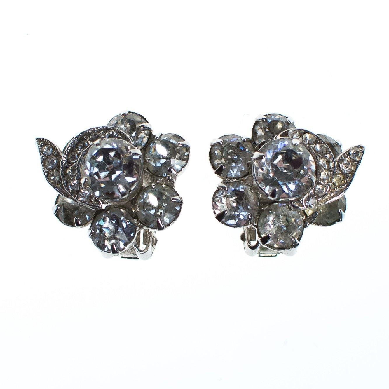 Vintage 1950s Weiss Diamante Rhinestone Crystal Flower Earrings by Weiss - Vintage Meet Modern Vintage Jewelry - Chicago, Illinois - #oldhollywoodglamour #vintagemeetmodern #designervintage #jewelrybox #antiquejewelry #vintagejewelry