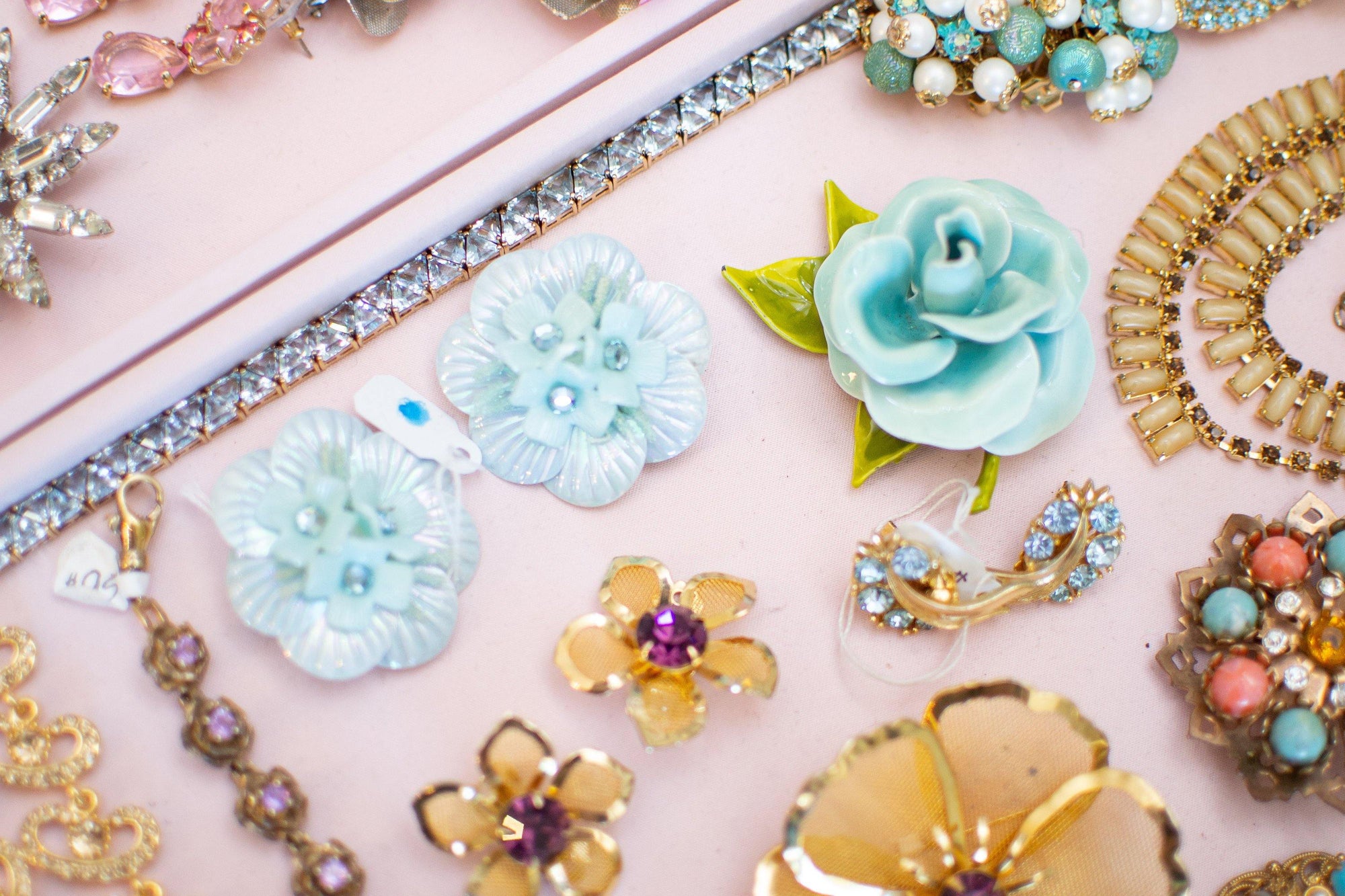 Vintage Blue Flower Enamel Brooch, Green Porcelain Leaves, Brooches and Pins by 1950s - Vintage Meet Modern Vintage Jewelry - Chicago, Illinois - #oldhollywoodglamour #vintagemeetmodern #designervintage #jewelrybox #antiquejewelry #vintagejewelry