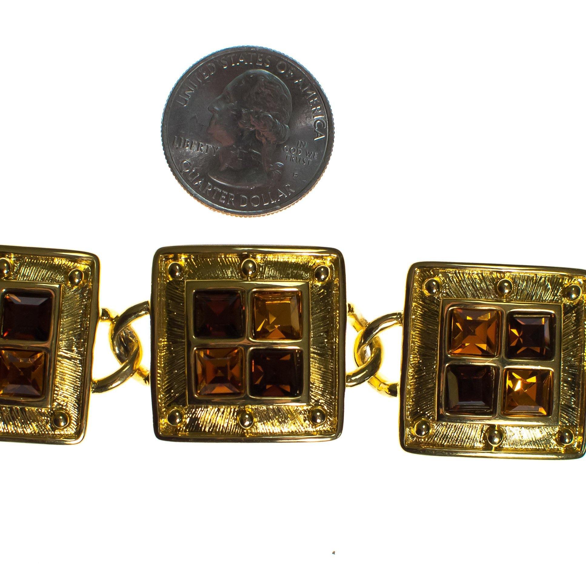 Vintage Napier Square Link Bracelet with Amber and Smokey Topaz Crystals by Napier - Vintage Meet Modern Vintage Jewelry - Chicago, Illinois - #oldhollywoodglamour #vintagemeetmodern #designervintage #jewelrybox #antiquejewelry #vintagejewelry