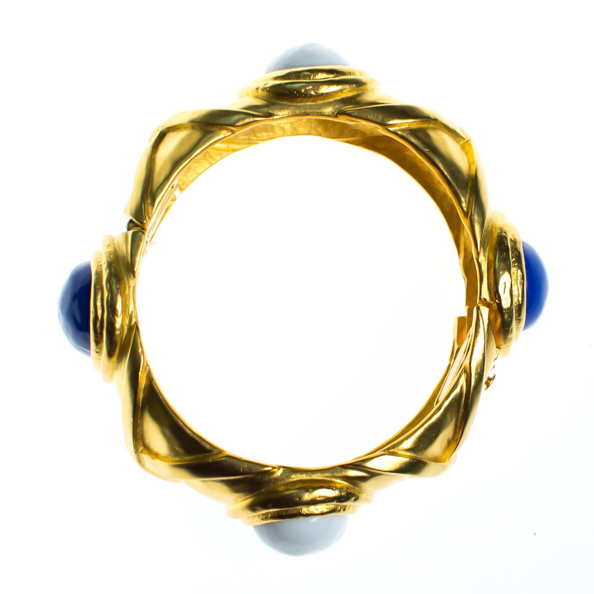 Vintage Karl Lagerfeld Couture Brushed Gold Bangle with White and Lapis Blue Glass Cabochons by Karl Lagerfeld - Vintage Meet Modern Vintage Jewelry - Chicago, Illinois - #oldhollywoodglamour #vintagemeetmodern #designervintage #jewelrybox #antiquejewelry #vintagejewelry