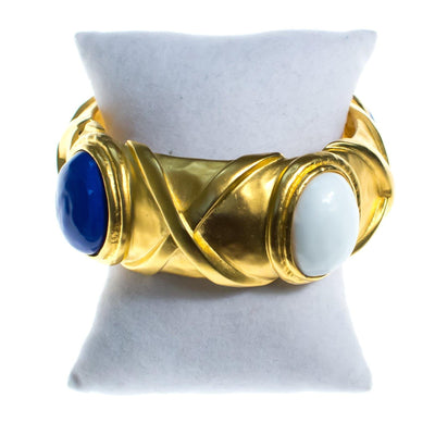 Vintage Karl Lagerfeld Couture Brushed Gold Bangle with White and Lapis Blue Glass Cabochons by Karl Lagerfeld - Vintage Meet Modern Vintage Jewelry - Chicago, Illinois - #oldhollywoodglamour #vintagemeetmodern #designervintage #jewelrybox #antiquejewelry #vintagejewelry