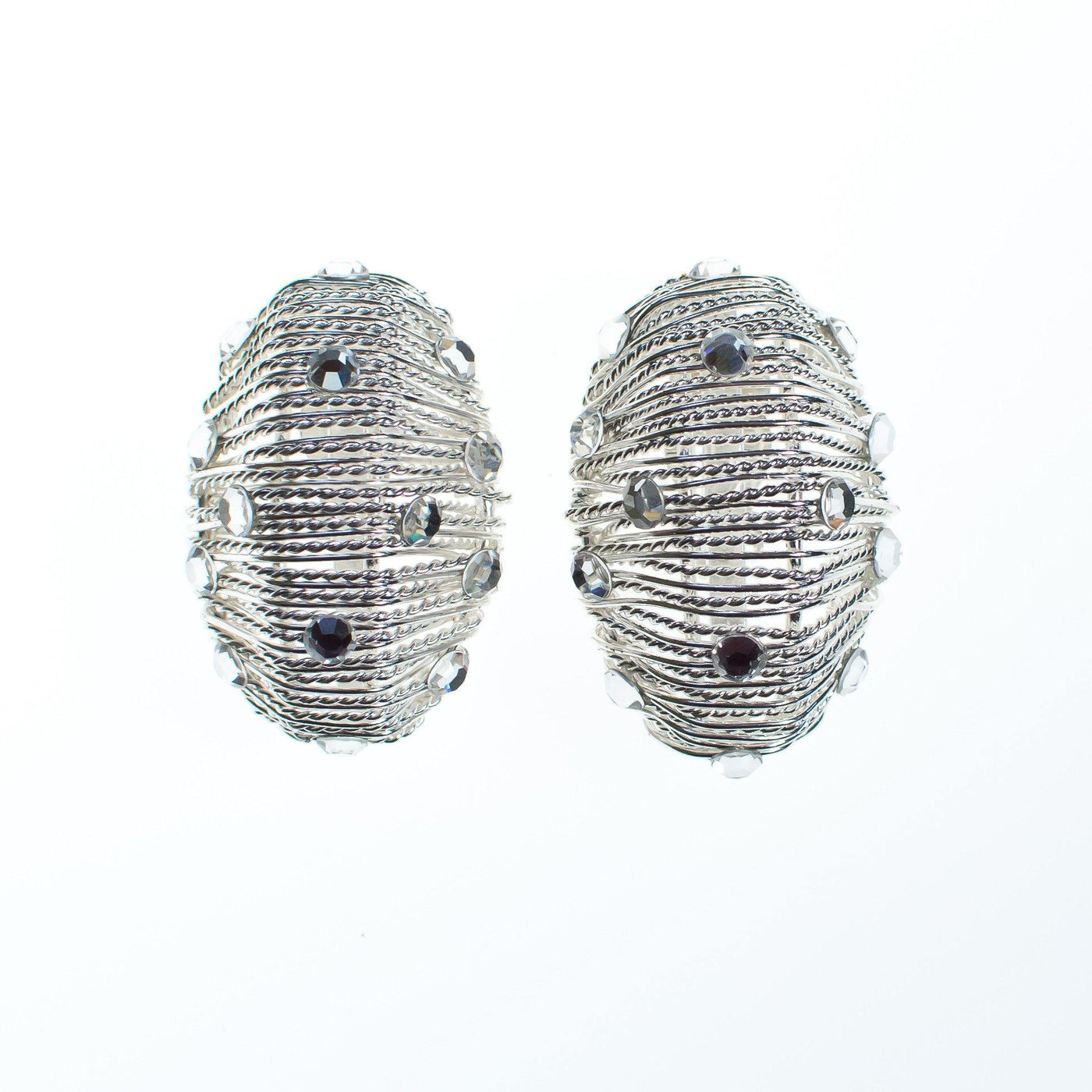 Vintage Modernist Wired Silver Statement Earrings with Sequin Crystals