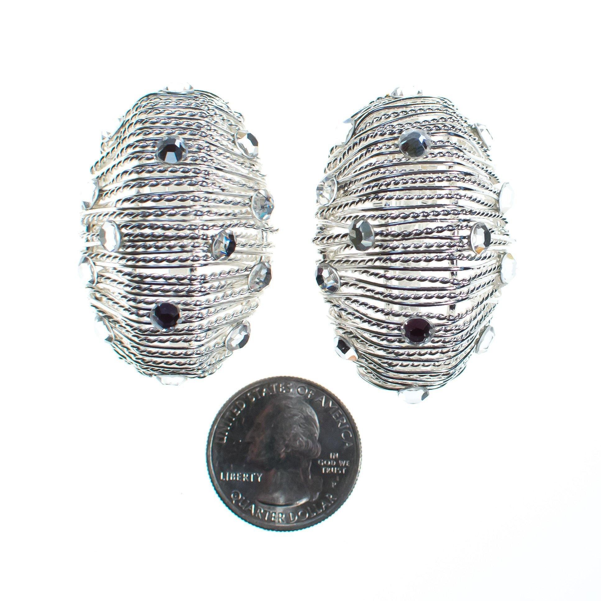 Vintage Modernist Wired Silver Statement Earrings with Sequin Crystals by 1980s - Vintage Meet Modern Vintage Jewelry - Chicago, Illinois - #oldhollywoodglamour #vintagemeetmodern #designervintage #jewelrybox #antiquejewelry #vintagejewelry