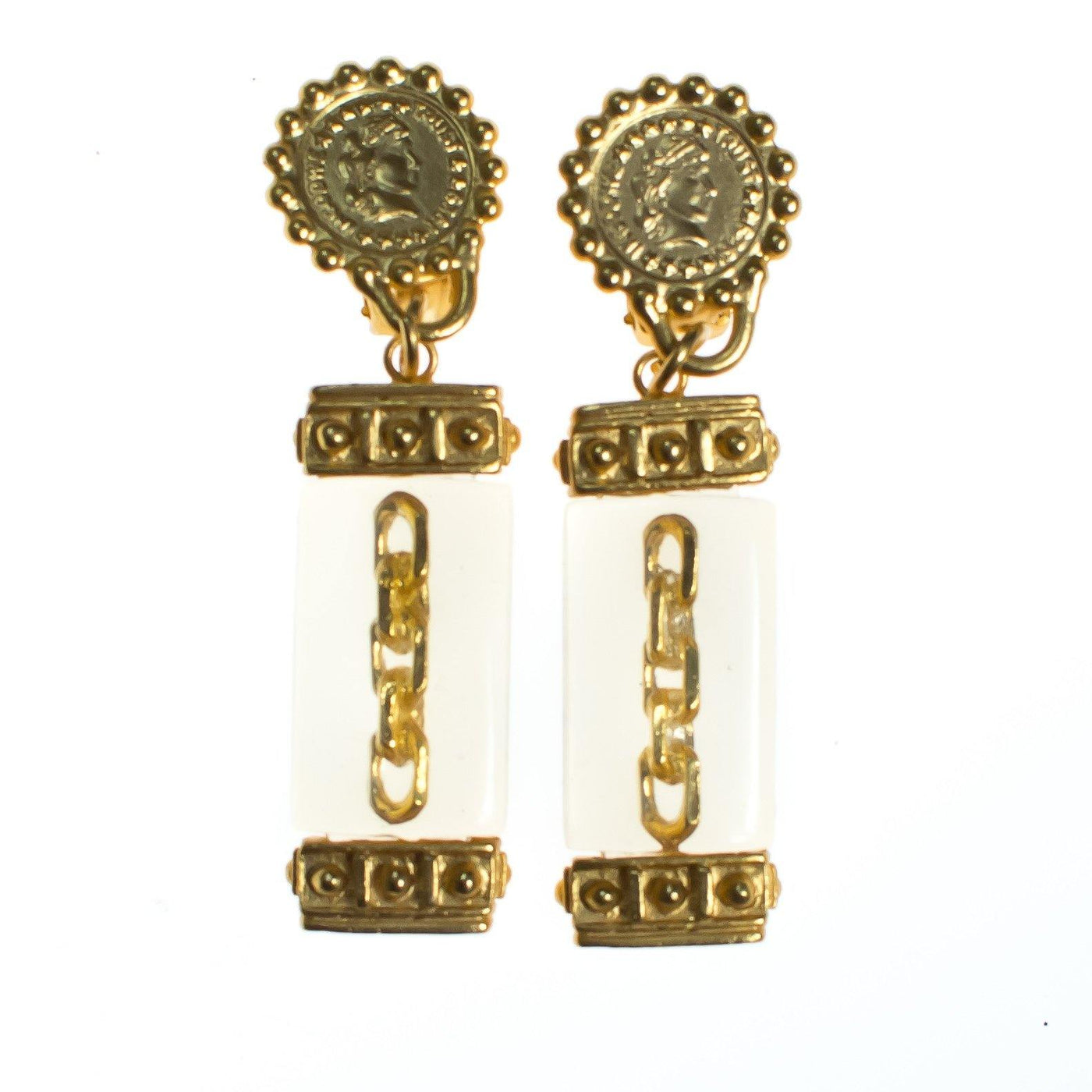 Vintage Gold Coin and Chain Earrings with Lucite