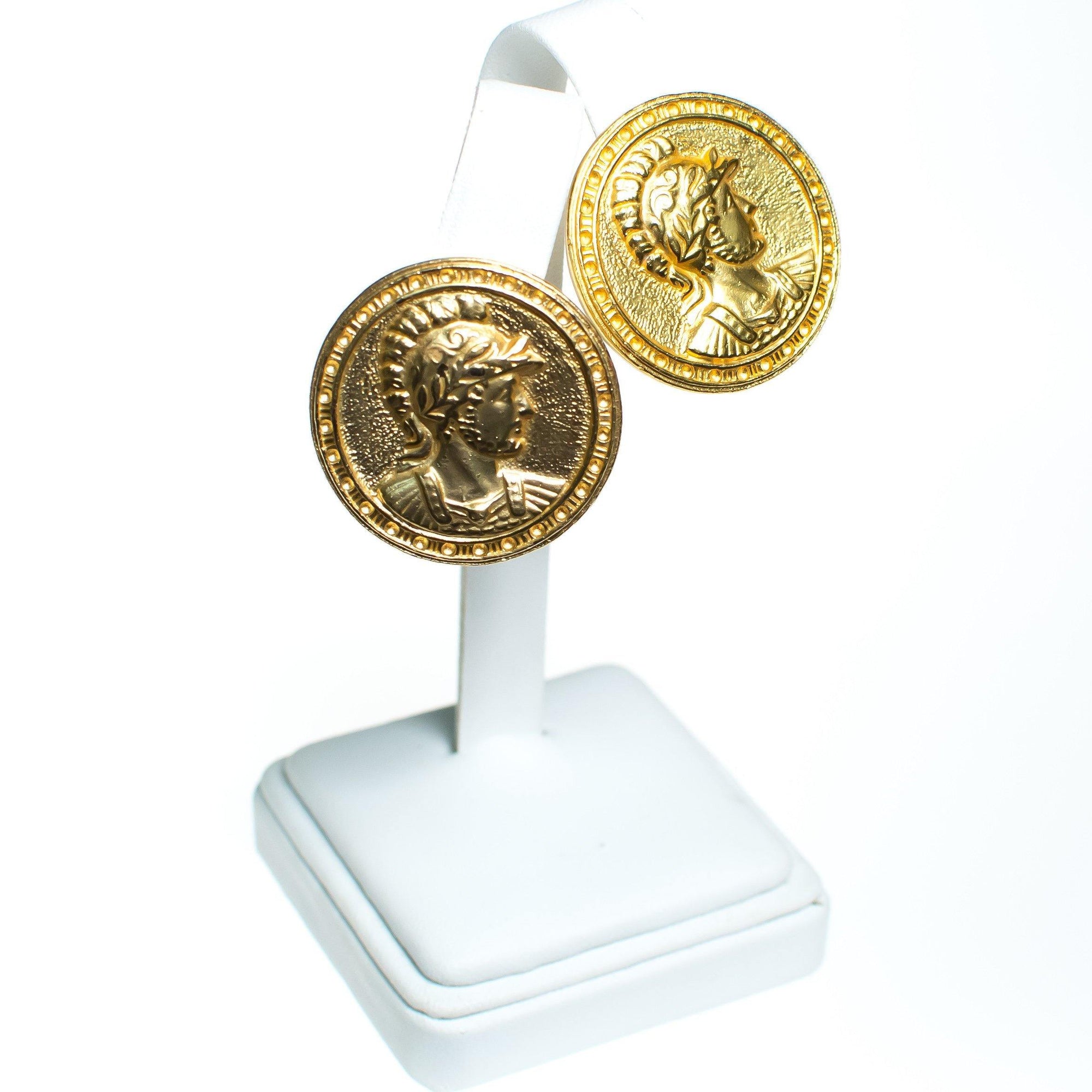 Vintage 1980s Roman Coin Earrings, Gold Tone Setting, Clip-on by 1980s - Vintage Meet Modern Vintage Jewelry - Chicago, Illinois - #oldhollywoodglamour #vintagemeetmodern #designervintage #jewelrybox #antiquejewelry #vintagejewelry