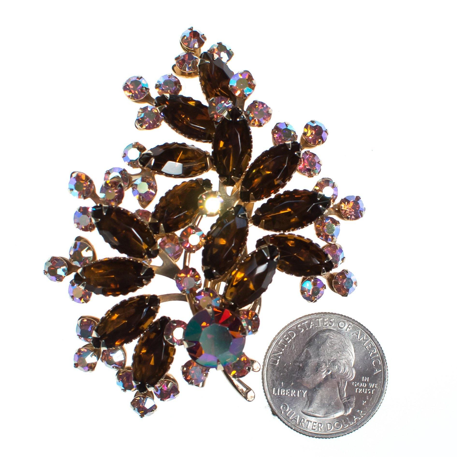 Vintage 1950s Amber and Pink Aurora Borealis Rhinestone Brooch by 1950s - Vintage Meet Modern Vintage Jewelry - Chicago, Illinois - #oldhollywoodglamour #vintagemeetmodern #designervintage #jewelrybox #antiquejewelry #vintagejewelry